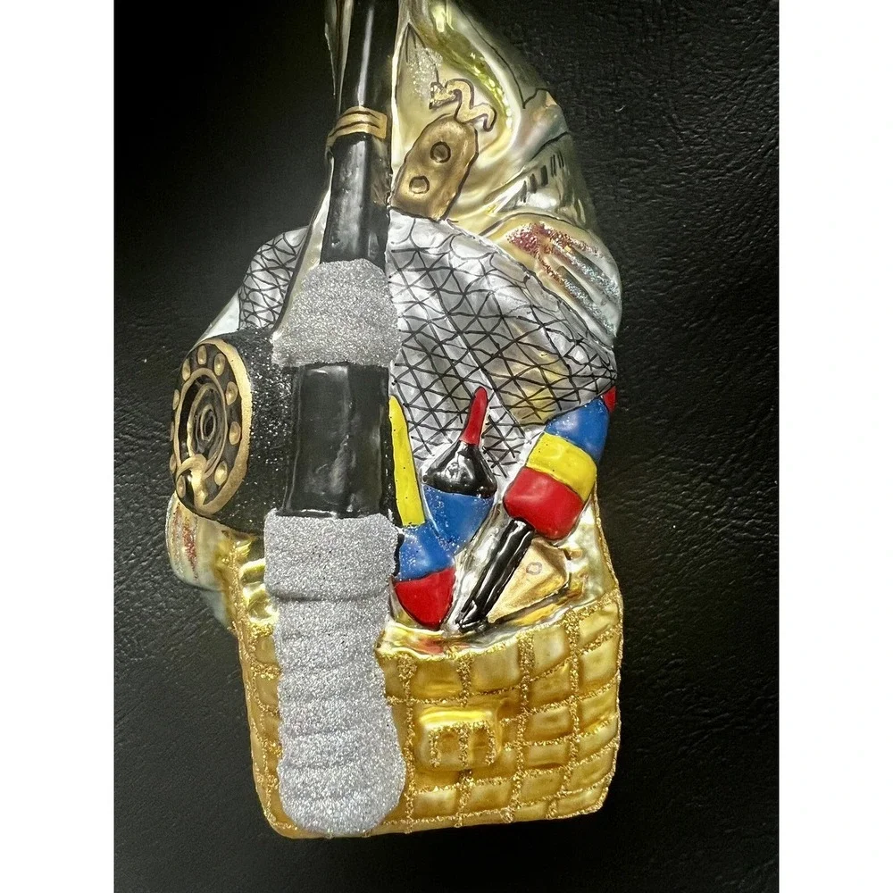 Slavic Treasures‎ Poland Blown Glass Xmas Ornament Fishing Pole, Bag and Fish